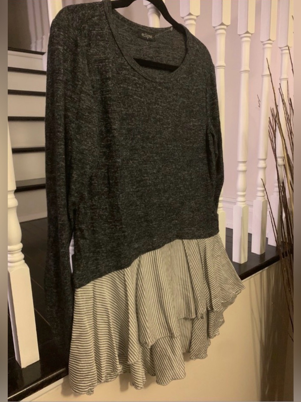Eclipse Charcoal Knit Top with Striped Ruffle Hem